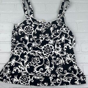 Lands End Swim Top Women 12A Black White Floral Bra Pads Wide Tankini Boho Beach